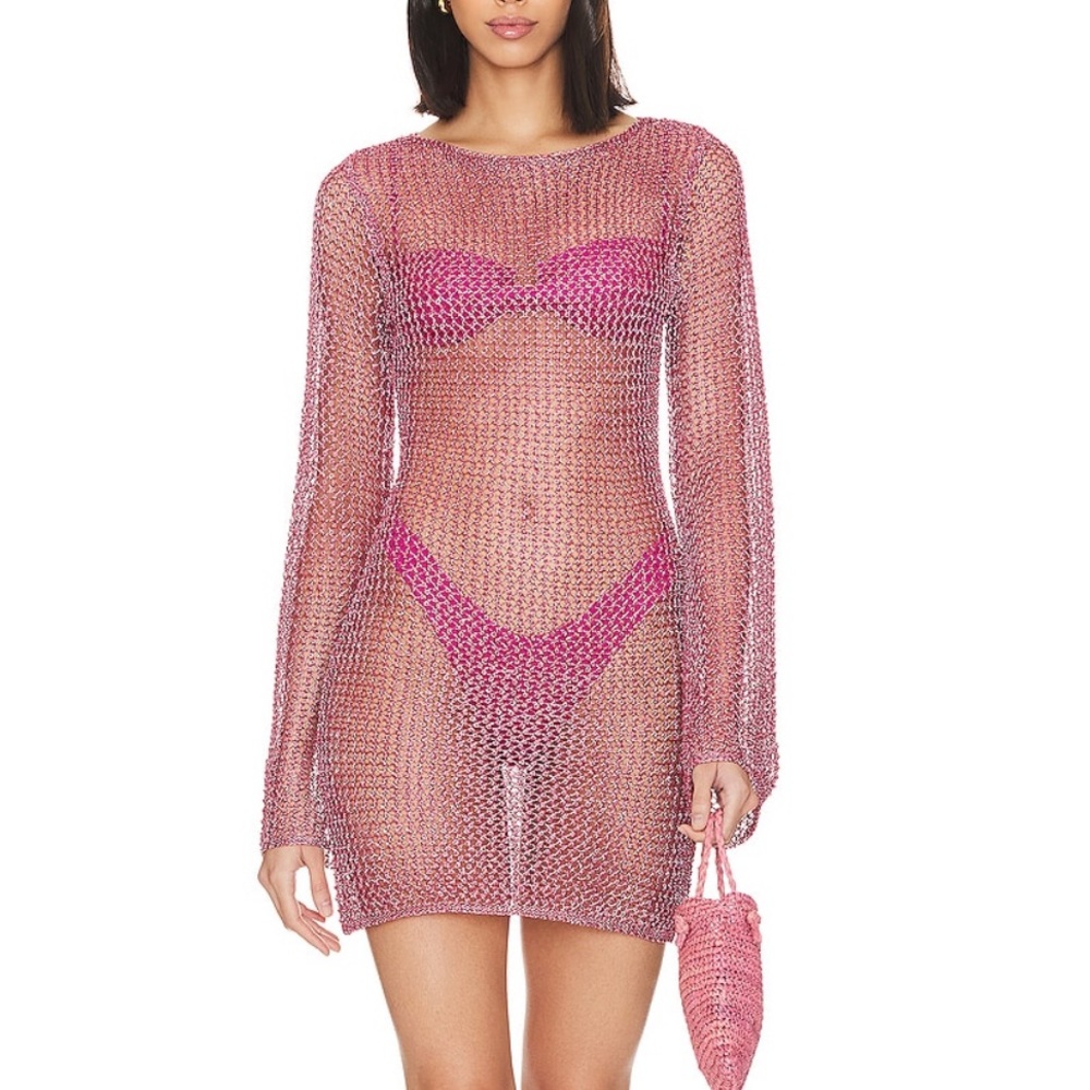 Gaia Mini Dress in Pink Metallic superdown Beach Coverup Dress Netted